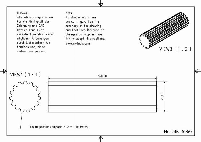 Splined shaft T10 with 15 teeth and L=160mm made of aluminum