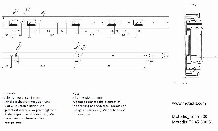 Telescopic slider H=45 (full extension) soft close L=600 made of zinc coated steel