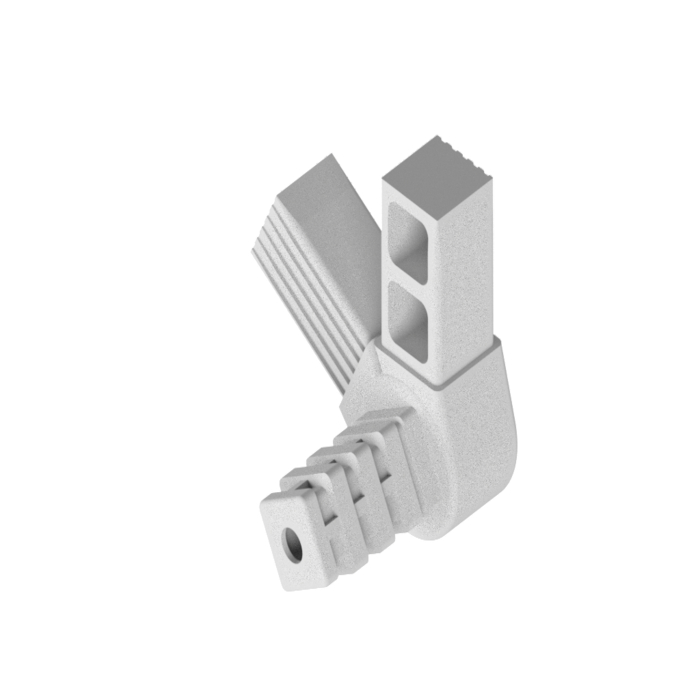 Plug connector with joint 60° 3D3 made of PA for square tube 25x25x1.5. 3-dimensional 3-way connector with joint 60°